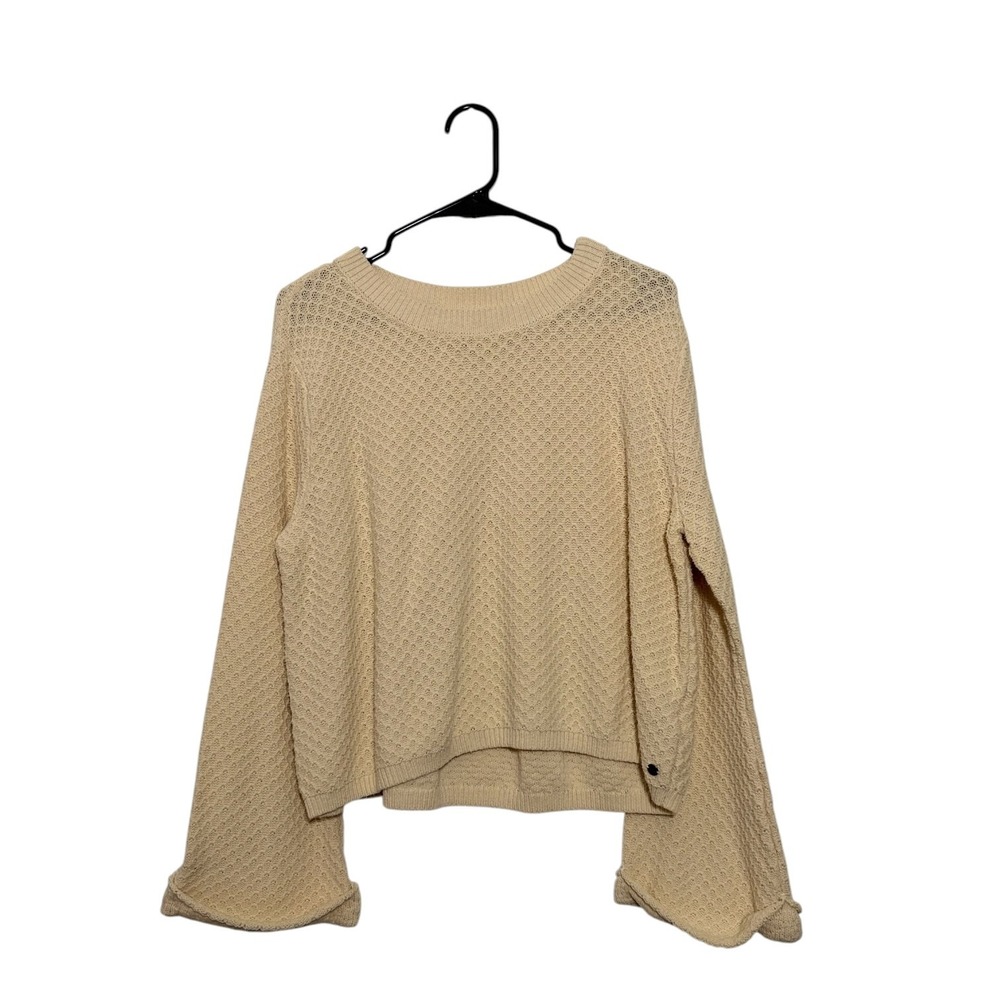 Roxy Boho Oversized Cream Beige Textured Knit Bell Sleeve Crew Neck Sweater XL